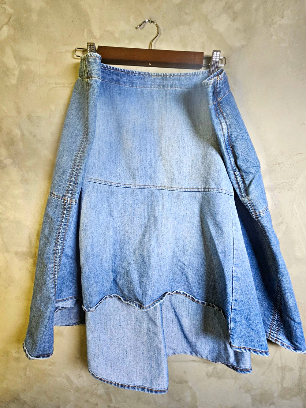 Venezia Denim Asymmetric Longer In Back A-Line Midi Skirt Blue Plus Size 22